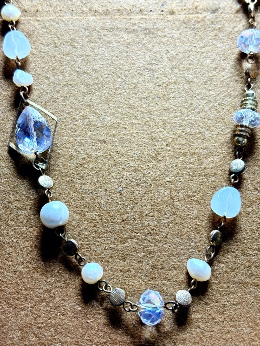 Vintage Elegant Gold-Tone Beaded Long Necklace with Clear and Cream Accents
